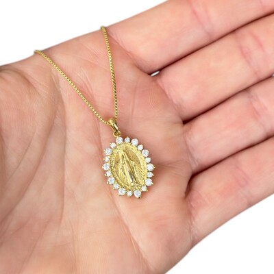 Foto Colar pingente nossa senhora das graças volta cravejada ouro18k