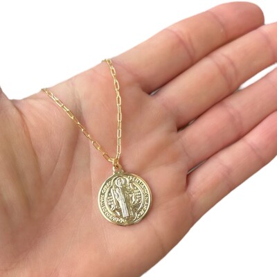 Foto Colar corrente elos clássicos com pingente medalha de São Bento ouro18k