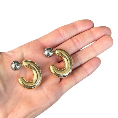 Foto Brinco esfera rodio com tarraxa argola oval bold ouro18k