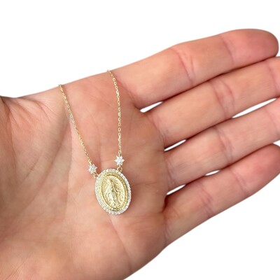 Foto Colar joia medalha nossa senhora das graças volta cravejada e florzinhas moissanite prata925 ouro18k