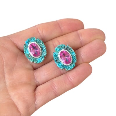 Foto Brinco oval turquesa natural com safira rosa central prata925