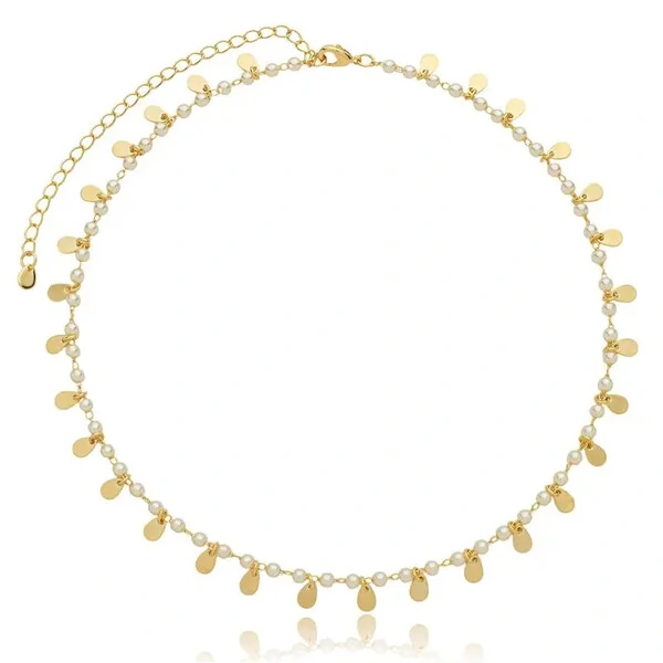 Colar gargantilha perolas boho com gotinhas penduradas ouro18k