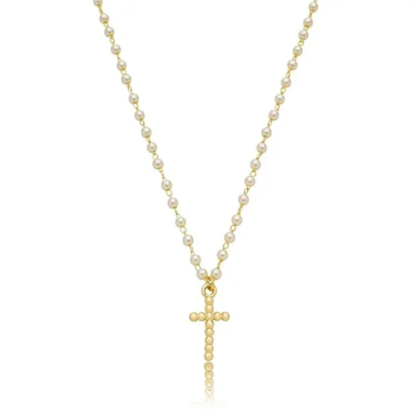 Colar e choker pérolas com cruz bolinhas ouro18k