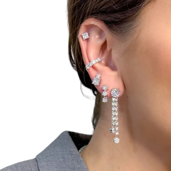 Brinco joia quadrado com gota cristal delicado prata925