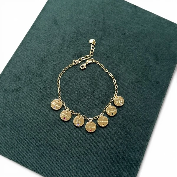 Pulseira joia medalhas desejo com significado ouro18k