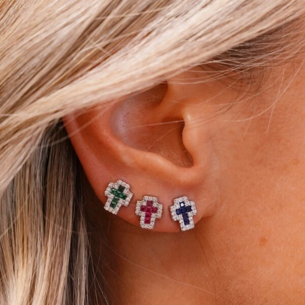 Brinco joia crucifixo safira baguetes com volta cravejada 8mm prata925