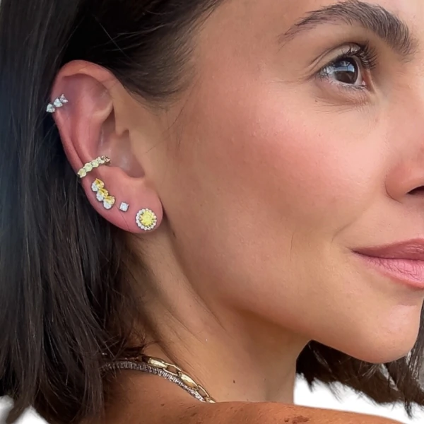 Brinco ear cuff três corações cravejado e yellow fancy 12mm prata925