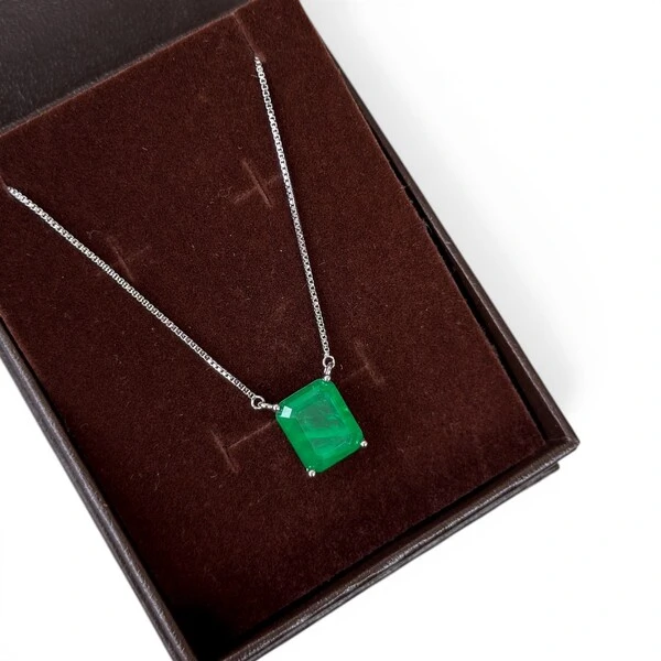 Colar joia retangulo esmeralda corrente veneziana rodio