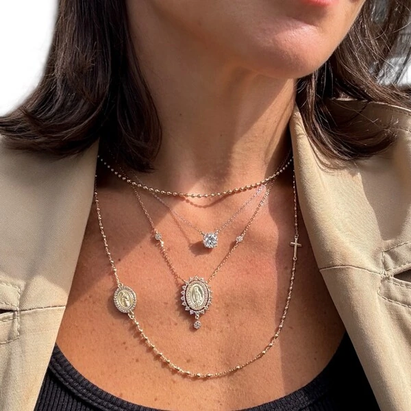 Colar joia medalha nossa senhora das graças com florzinhas prata925 ouro18k