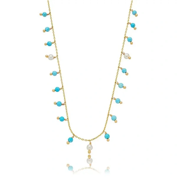 Colar boho esferas delicadas pedras e pérolas ouro18k (escolha a pedra)