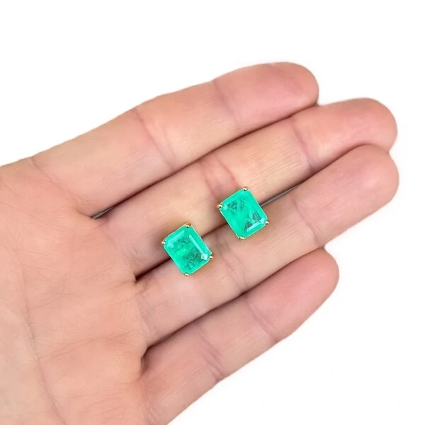 Brinco retângulo joia esmeralda colombiana 1cm ouro18k