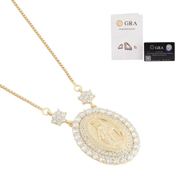 Colar joia medalha nossa senhora das graças moissanite com florzinhas 1.13ct prata925 ouro18k
