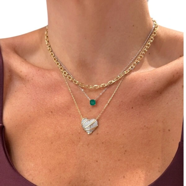 Colar joia clássico solitário quadrado (cushion) esmeralda prata925