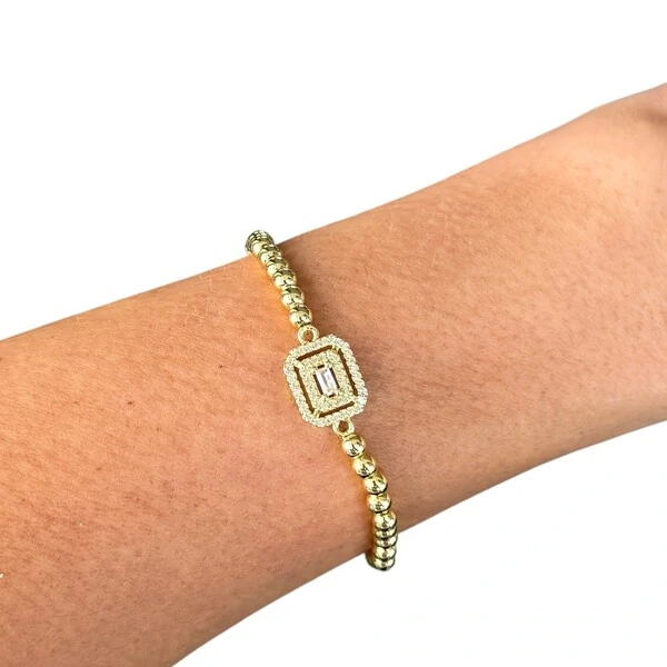 Pulseira bolinhas com retângulo cravejado ouro18k