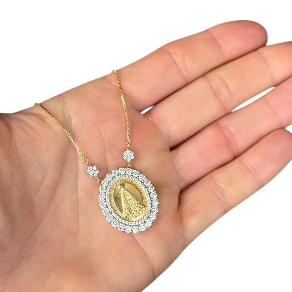 Colar joia medalha nossa senhora aparecida com florzinhas prata925 ouro18k