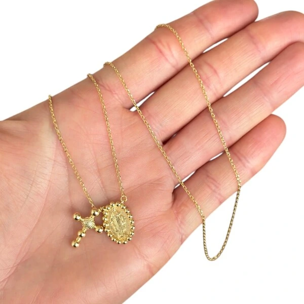 Colar escapulario nossa senhora com cruz bolinhas 70cm ouro18k