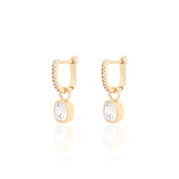Brinco argola click cravejada com solitario cushion prata925 ouro18k