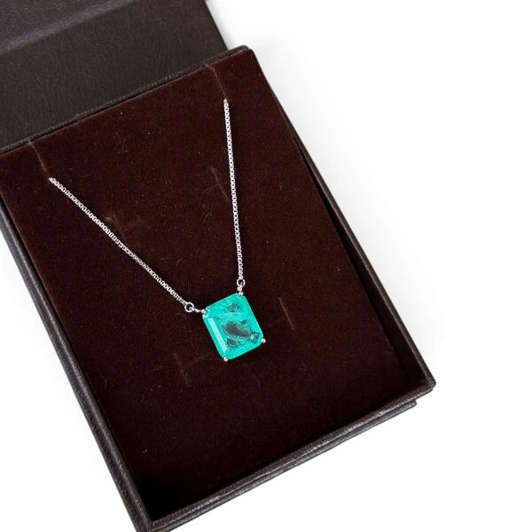 Colar retângulo esmeralda colombiana corrente veneziana rodio