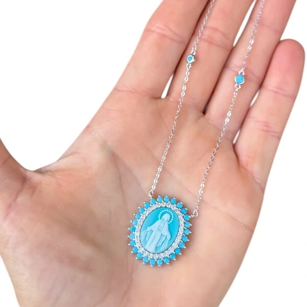 Colar medalha nossa senhora das graças camafeu turquesa prata925