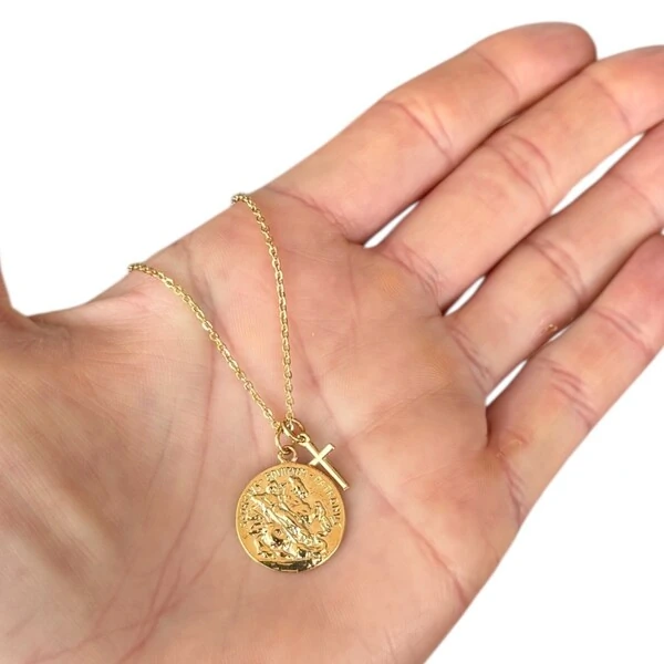 Colar corrente com pingentes medalha de são jorge e crucifixo ouro18k