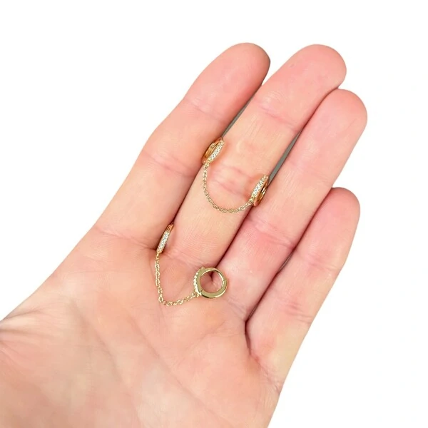 Brinco joia argola dupla click cravejada com fio prata925 ouro18k