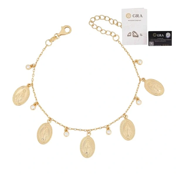 Pulseira medalhas N. Sra. das Graças e pontos de luz moissanite 0.18ct (2mm) prata925