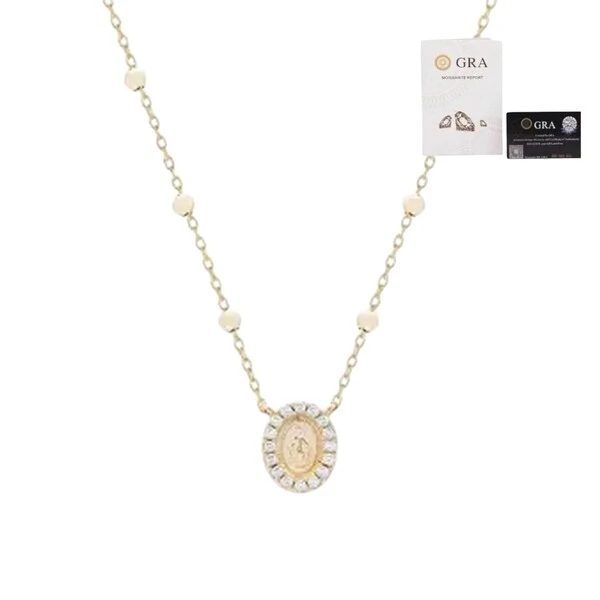 Colar corrente bolinhas com medalha nossa senhora das gracas moissanite 0.16ct prata925 ouro18k