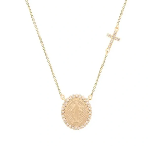 Colar joia medalha nossa senhora das gracas com crucifixo ouro18k