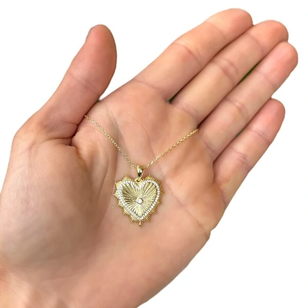 Colar coração luxo com solitário cravação inglesa prata925 ouro18k