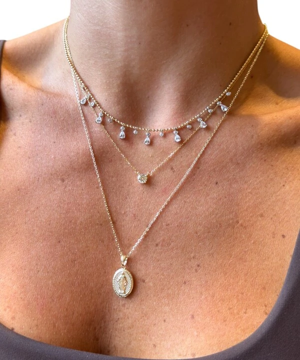 Colar joia bolinhas com gotas e solitários luxo prata925 ouro18k