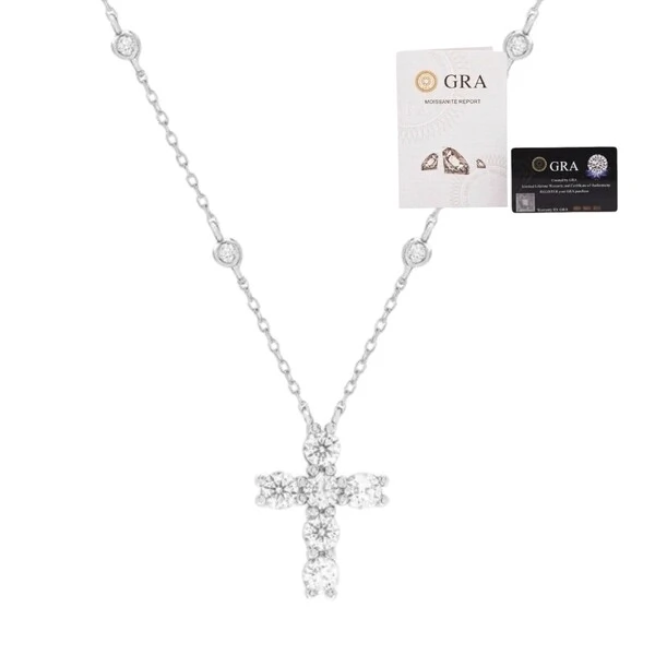 Colar joia moissanite crucifixo com solitarios ponto luz prata925 3.6mm