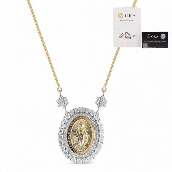 Colar joia medalha nossa senhora das graças moissanite com florzinhas 0.036ct prata925 ouro18k