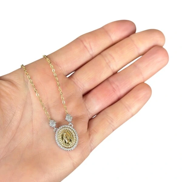 Colar joia medalha nossa senhora das graças volta cravejada com florzinha ouro18k
