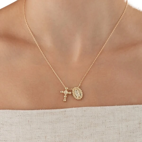 Colar escapulario nossa senhora com cruz bolinhas 70cm ouro18k