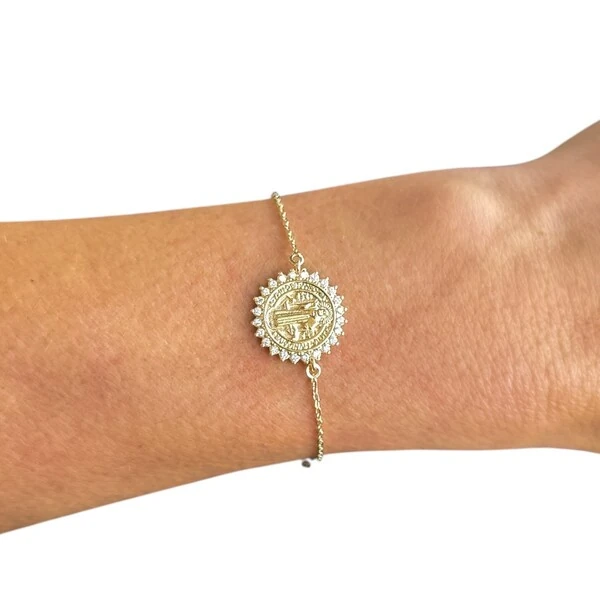 Pulseira joia medalha de são bento com volta cravejada ouro18k