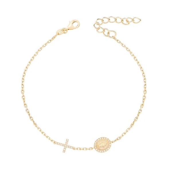 Pulseira joia com medalha nossa senhora das graças e cruz ouro18k