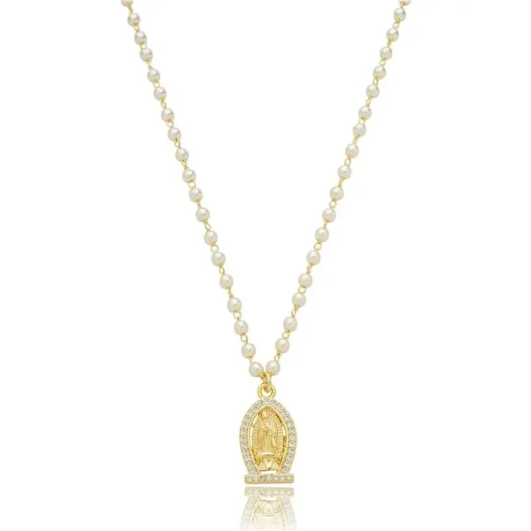 Colar e choker pérolas com medalha de nossa senhora de guadalupe ouro18k