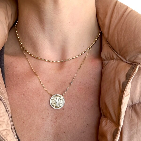 Colar joia medalha de são bento com volta cravejada ouro18k