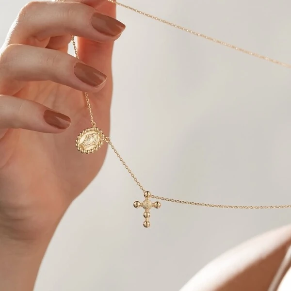 Colar escapulario nossa senhora com cruz bolinhas 70cm ouro18k