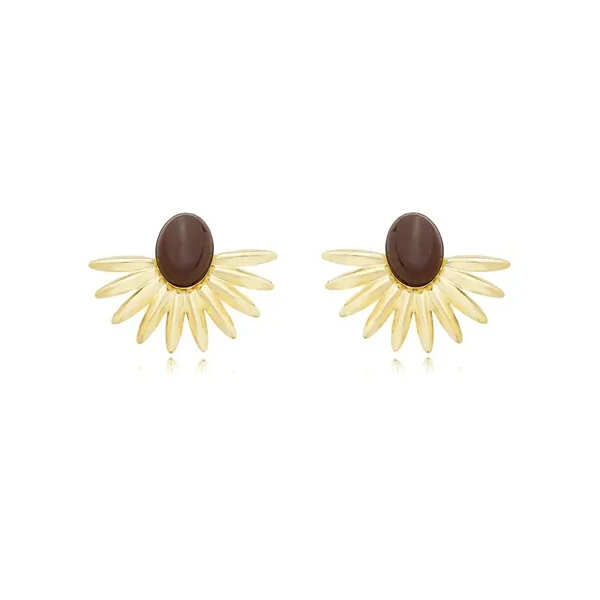 Brinco leque raios com oval marrom ouro18k