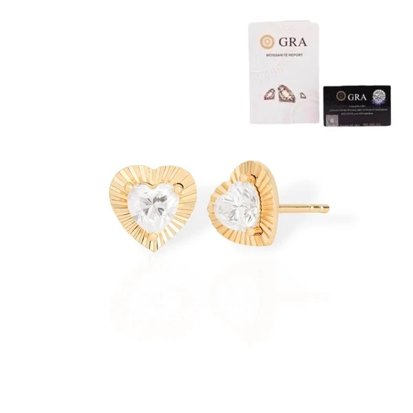 Brinco joia solitário coração moissanite 1ct(5mm) com borda prata925