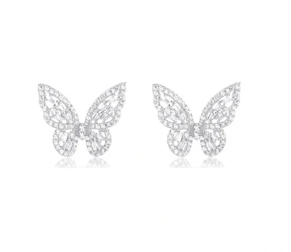 Brinco joia borboleta cravação brilhante e baguete prata925 1cm2mm