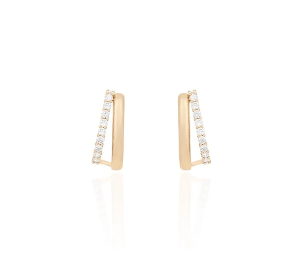 Brinco earhook dulpo liso e cravejado ouro18k