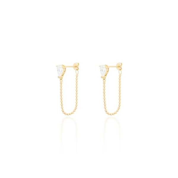 Brinco joia solitário gota invertida com fio bolinhas prata925 ouro18k