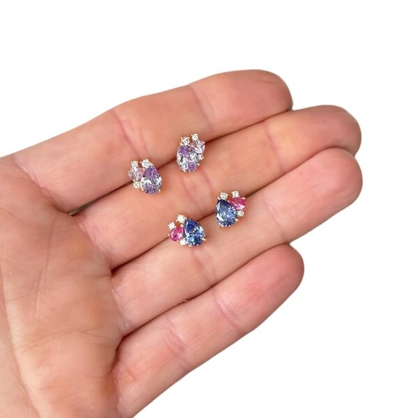 Brinco joia gota com solitários prata925 ouro18k