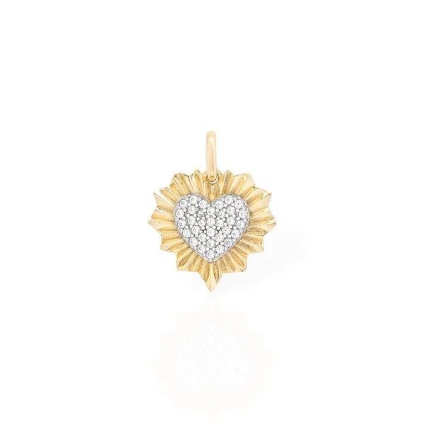 Pingente coração raios com miolo cravejado prata925 ouro18k