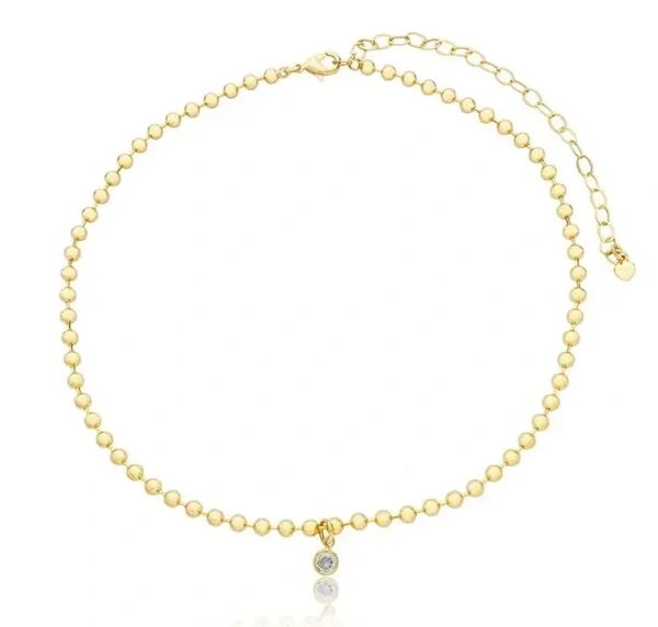 Colar gargantilha bolinhas com ponto luz solitário ouro18k
