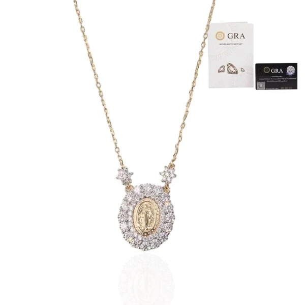 Colar joia medalha nossa senhora das graças cravação princesa e florzinhas moissanite 0.036ct(2mm)pr