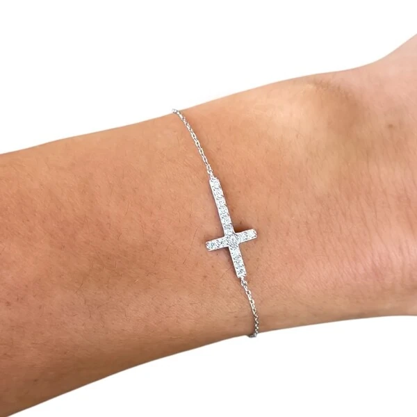Pulseira joia crucifixo cravejado em prata 925 com banho de rodio