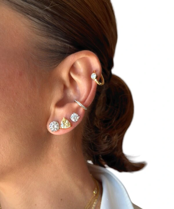 Brinco joia solitario trillion yellow fancy prata925 ouro18k